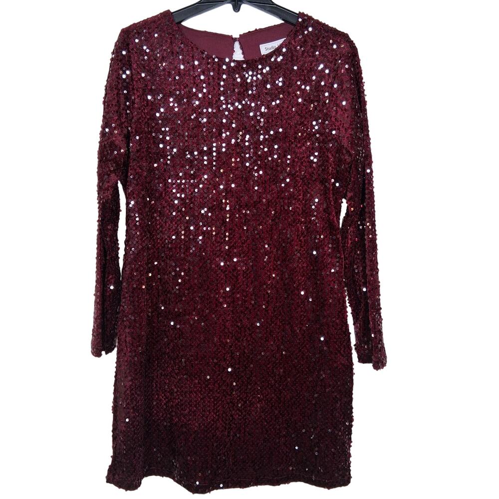 Studio 124 Sequin Dress XL Burgundy Wine Long Sleeve Holiday Party NWT